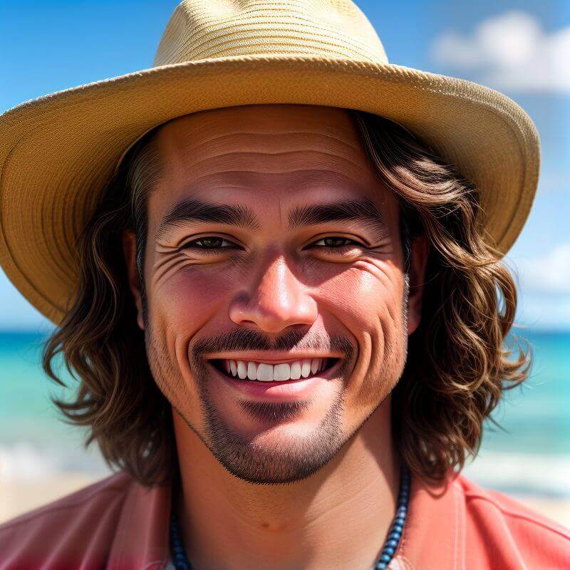 Smiling man with curly hair and a hat by the beach.