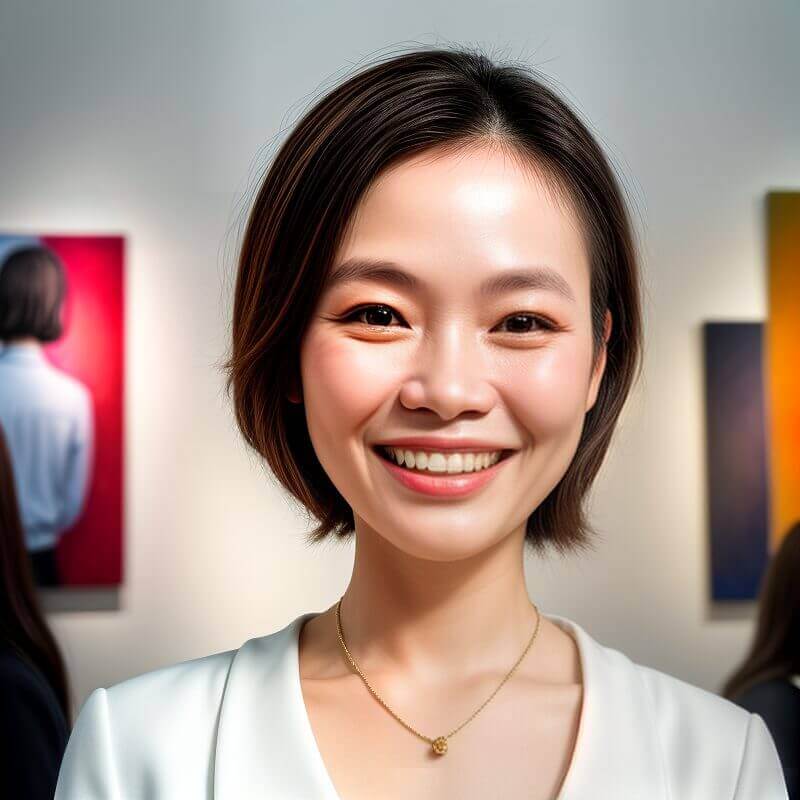 Smiling woman in a white top with artwork behind her.