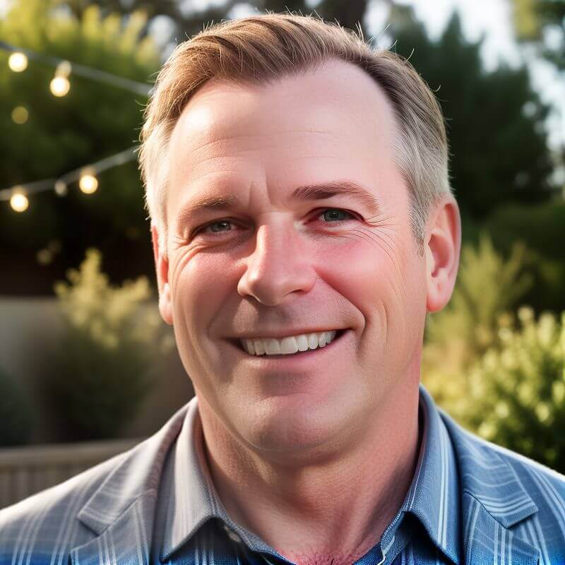 Smiling man wearing a blue-striped shirt outdoors