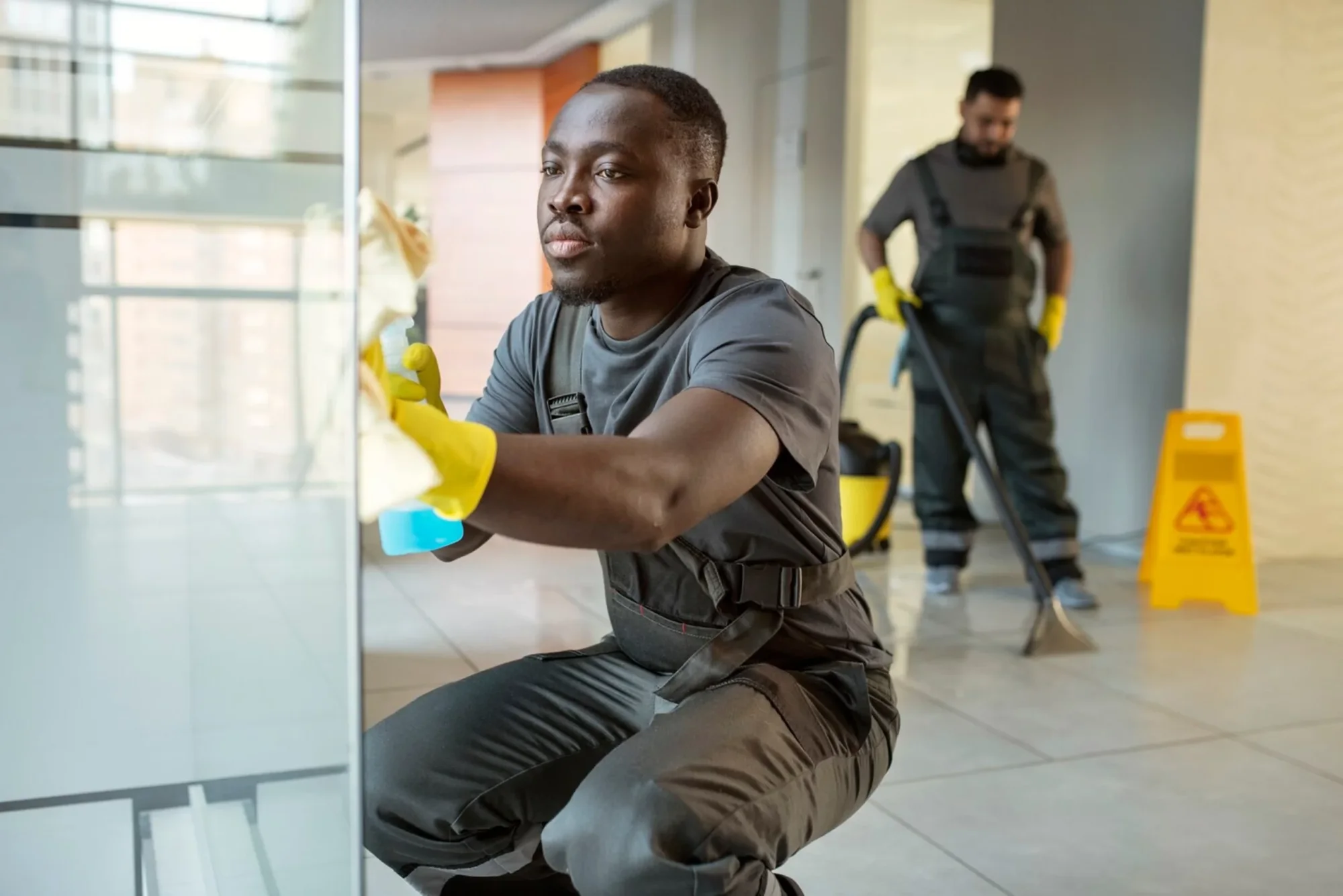 Two cleaners in gloves attending to a modern indoor cleanup.