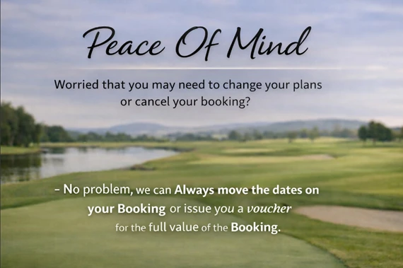 Text about flexible booking options over a golf course scene