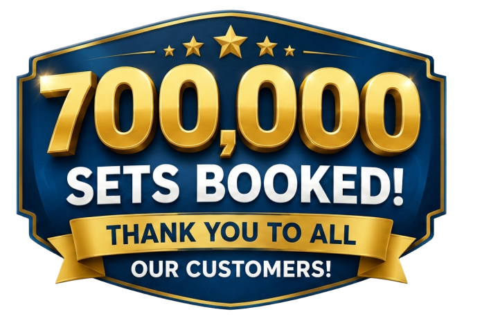Graphic announcing 700,000 sets booked with decorative elements.