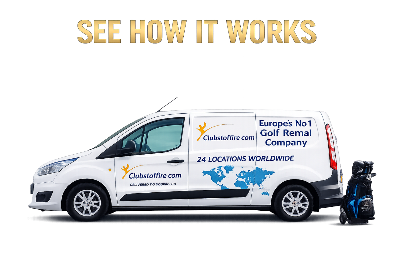 Delivery van with golf rental branding and clubs