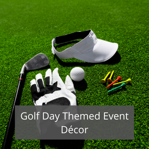 Golf-themed event décor with golf ball, clubs, and accessories.
