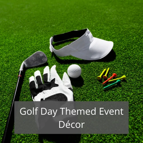 Golf day event décor featuring a golf club, ball, and accessories