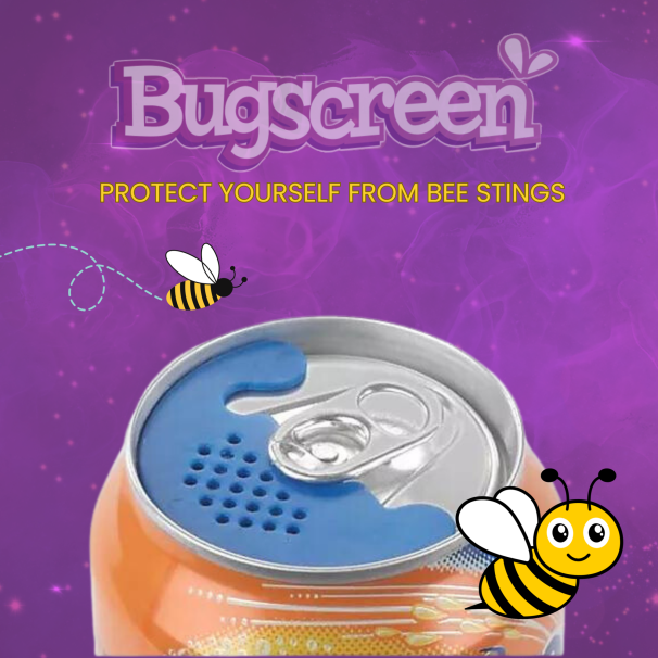 Orange soda can with blue bee protection cap on purple background.