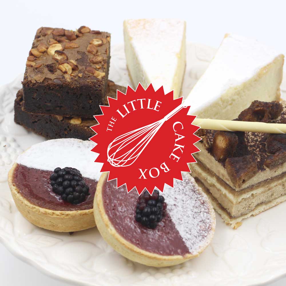 Platter of brownies, cheesecakes, and tarts with a logo
