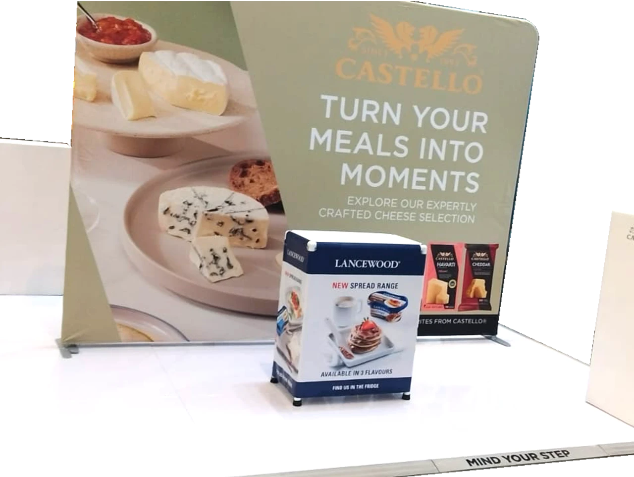 Display setup with food items and promotional signage