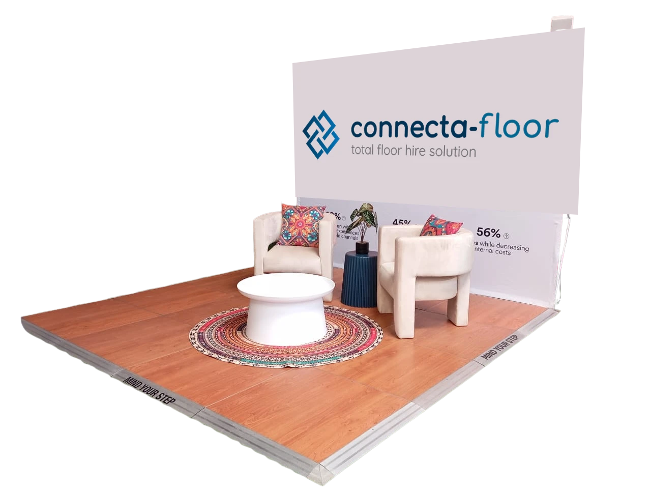 Modular flooring setup with chairs and table