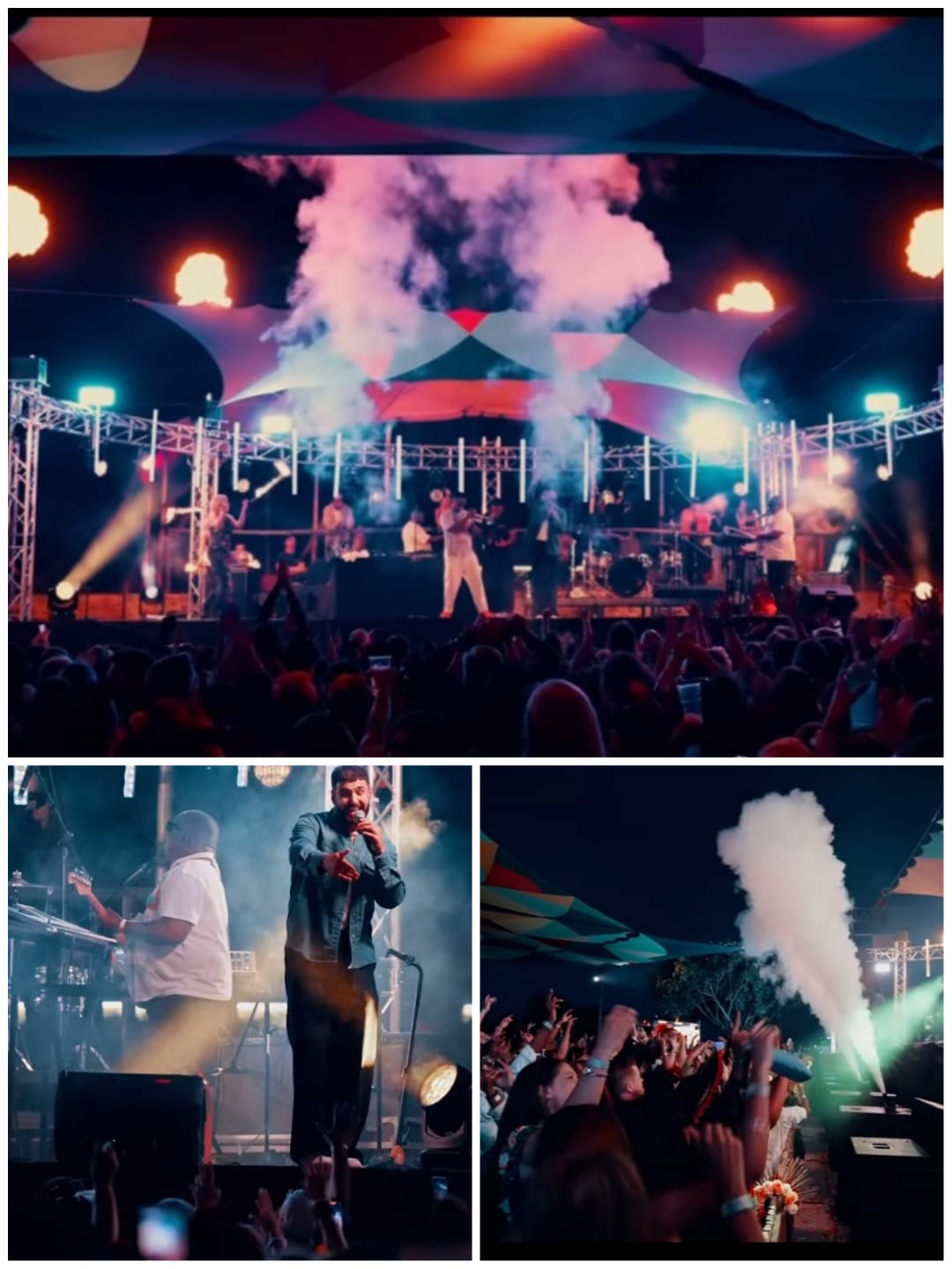Outdoor concert stage with band performing and smoke effects