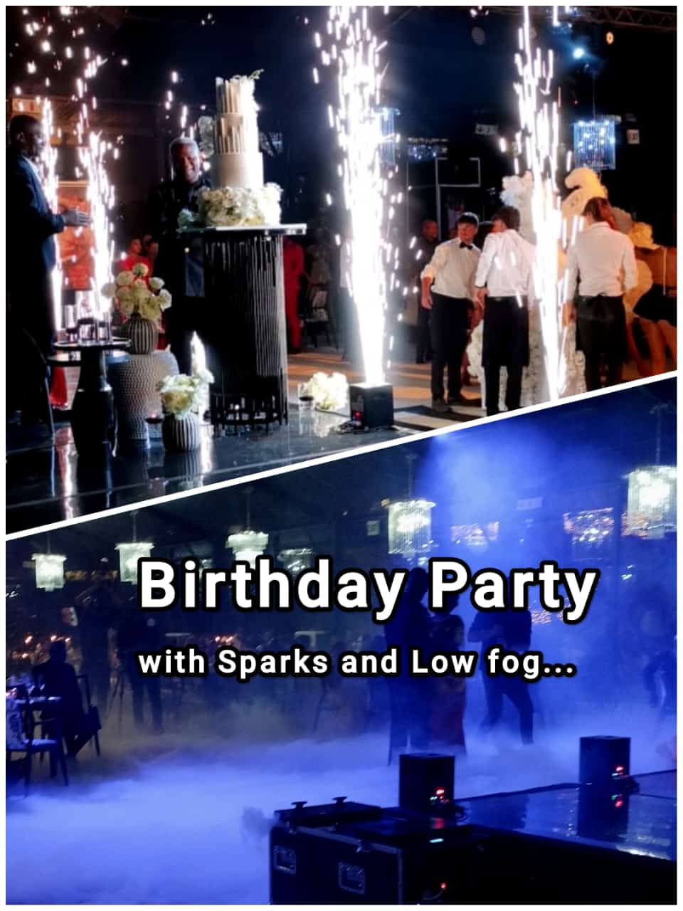 Birthday party scene with cake, sparks, and low fog.