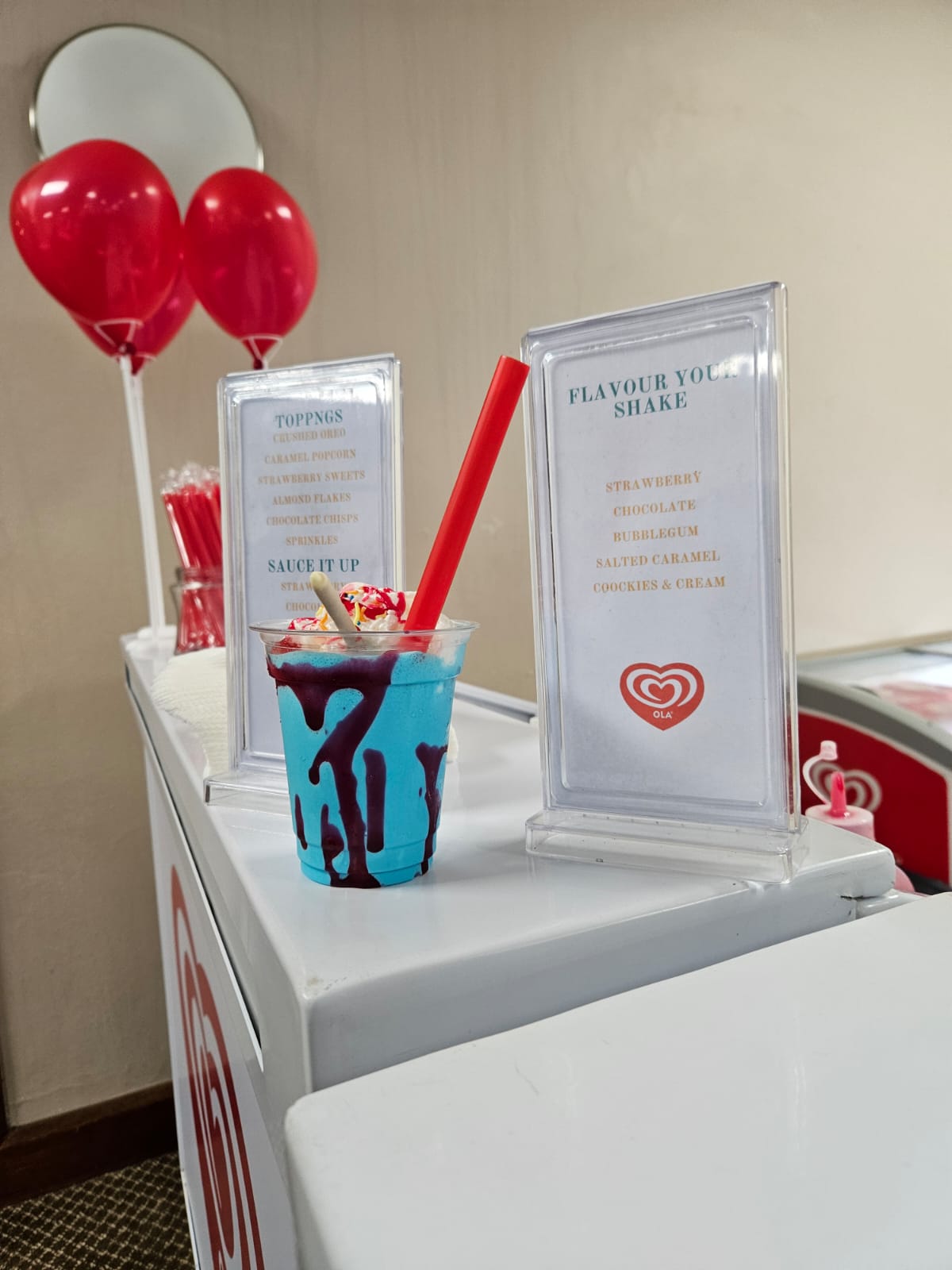 Blue bubble tea drink on a mobile bar counter