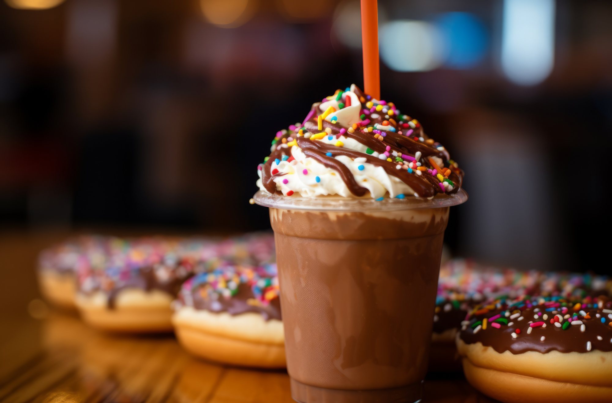 Chocolate milkshake topped with whipped cream and donuts