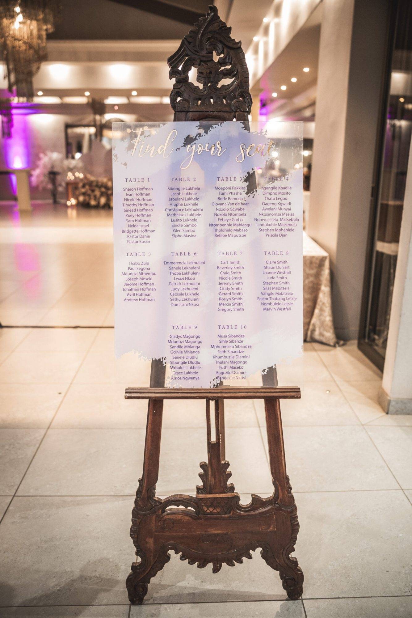 Seating chart on a wooden easel in a venue