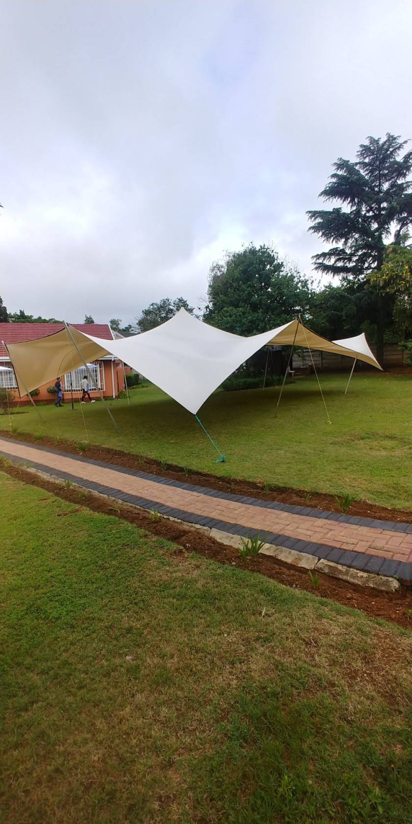 Installed stretch tent in a grassy area