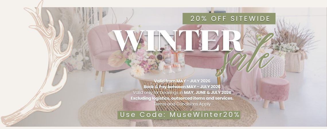 Banner advertising 20% off winter sale with pink furniture and flowers.
