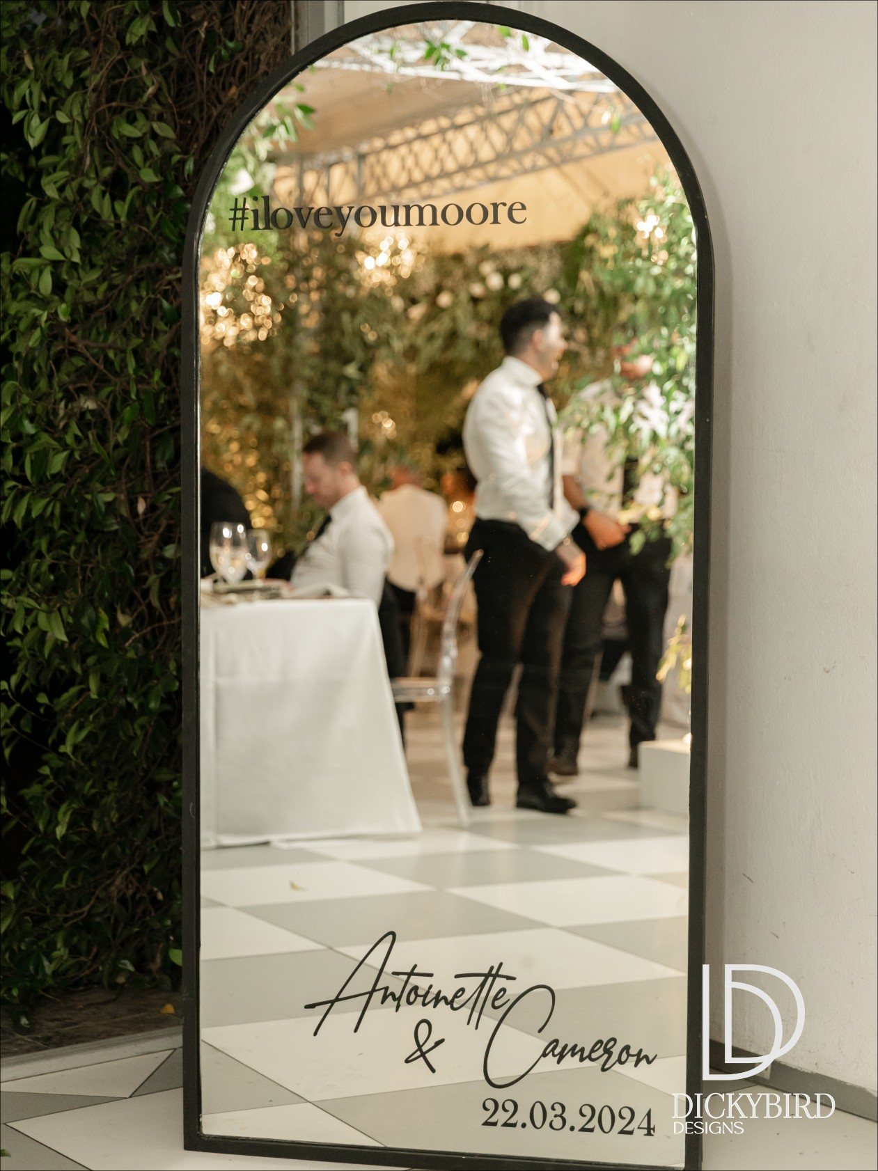 Personalised wedding welcome mirror with names and date