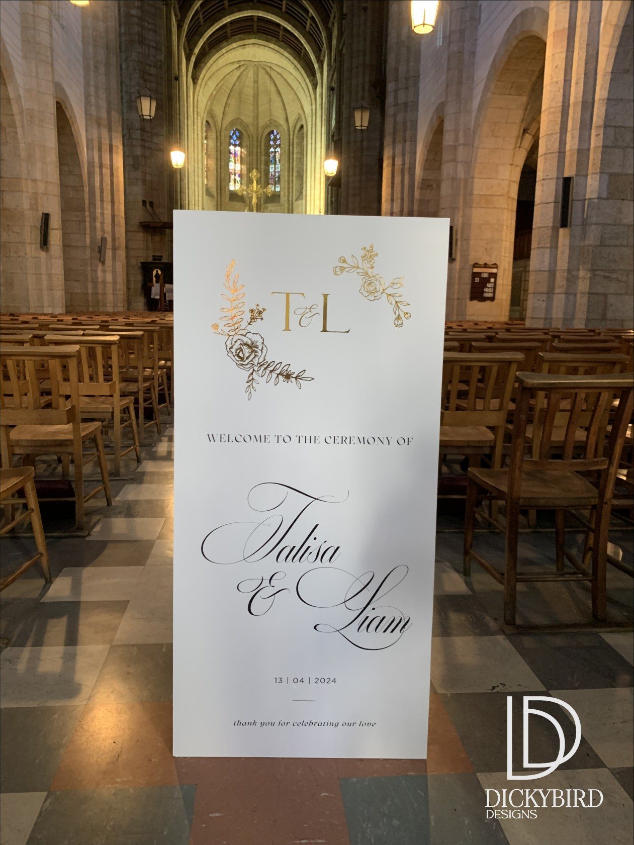 A customized wedding welcome sign for Talisa and Liam