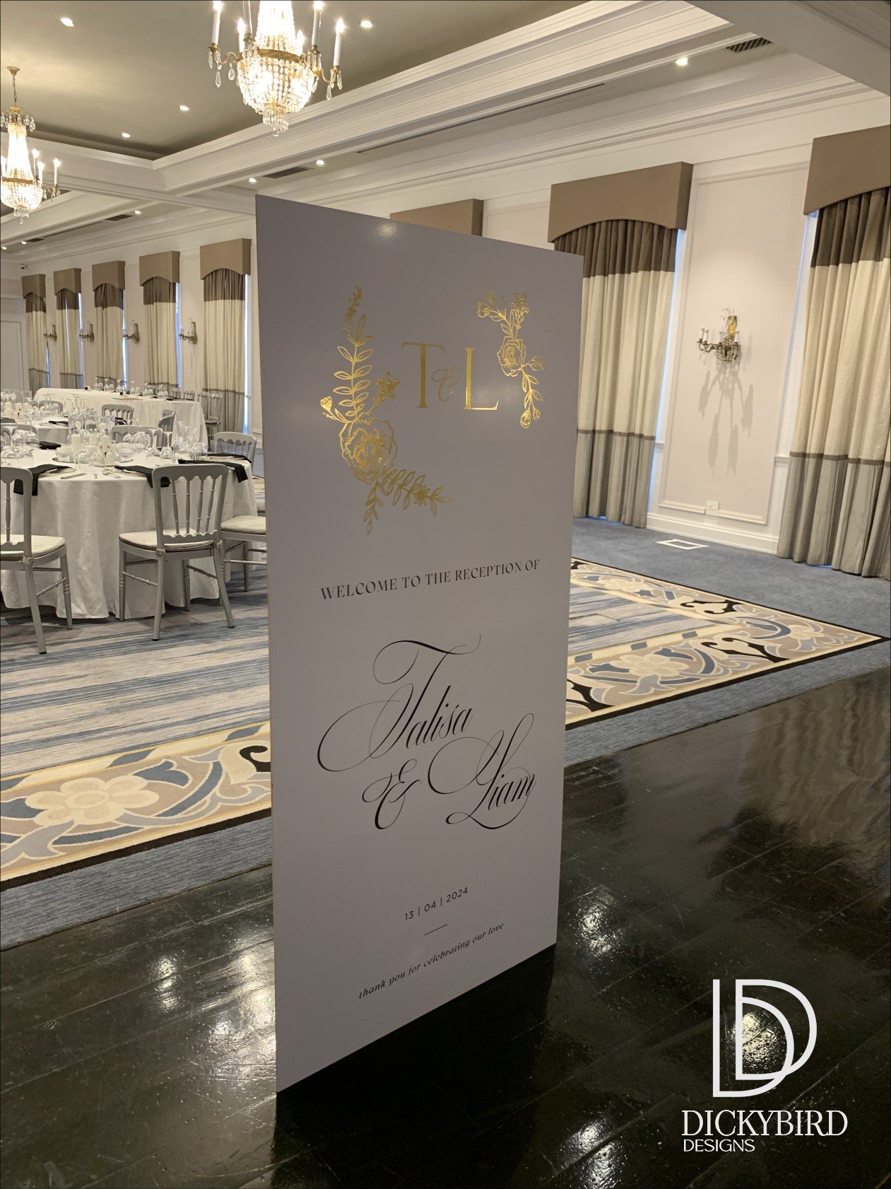 Elegant welcome sign for wedding reception by Dickybird Designs.