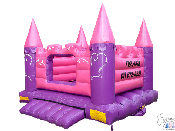 Pink and purple kids' jumping castle for hire