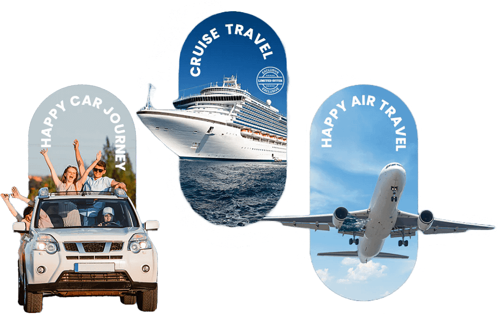 Images depicting car journey, cruise ship, and airplane travel