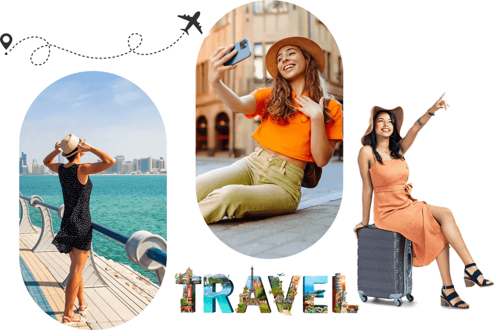 Collage of teens enjoying travel experiences.