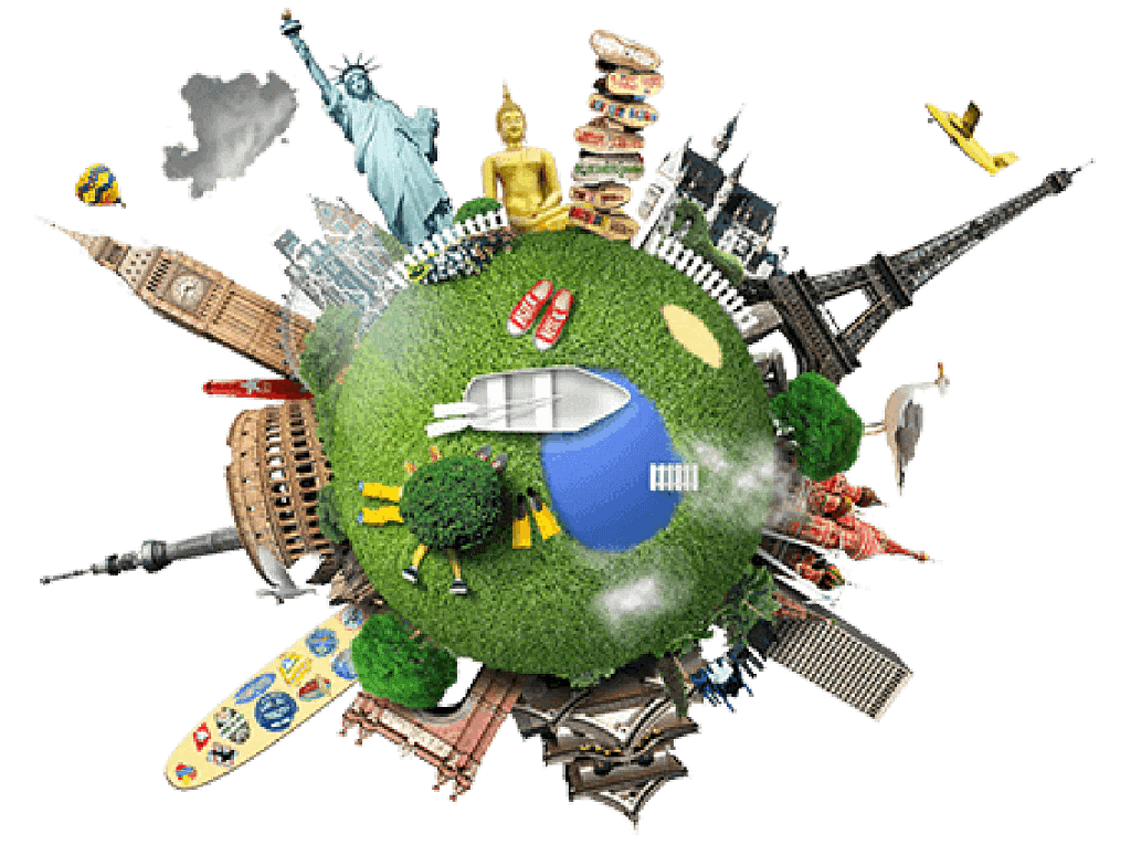 Colorful globe with famous landmarks and travel elements