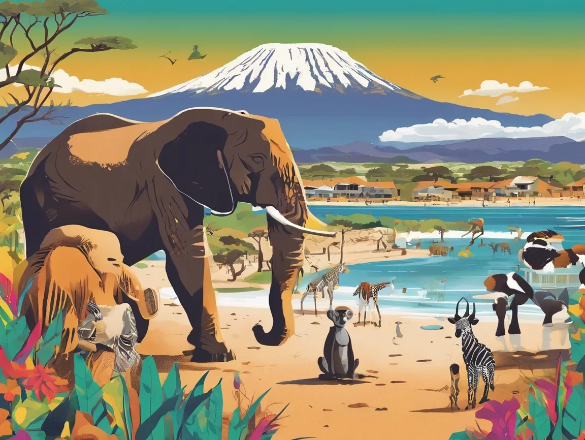 Colorful mural depicting an elephant, zebra, and meerkat in a safari setting