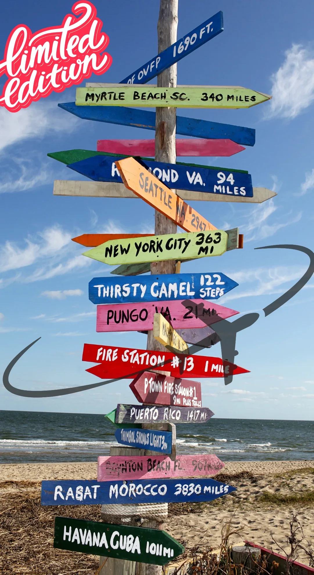 Colorful directional sign pointing to various global locations