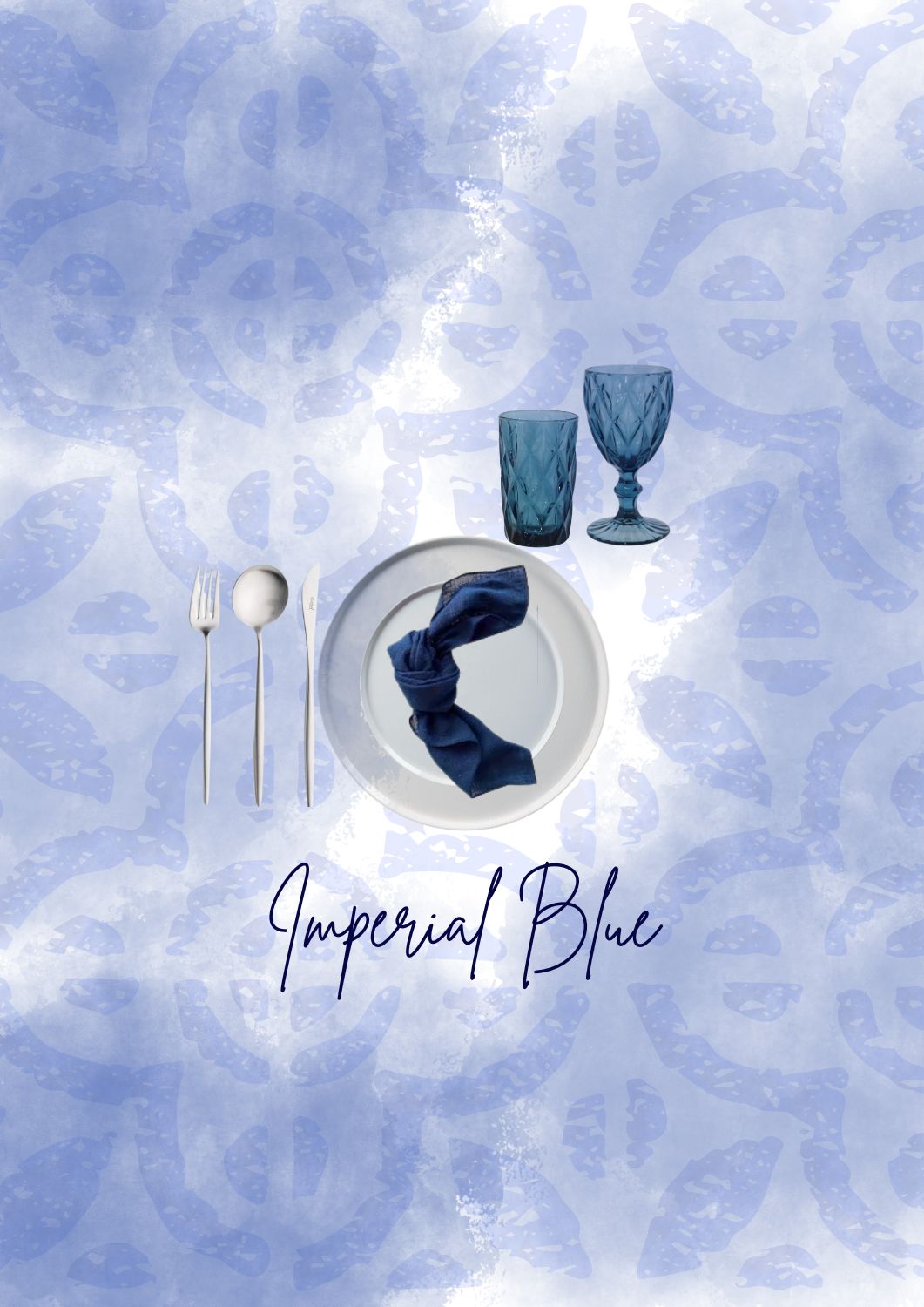 Imperial Blue table setting with dishes and glassware