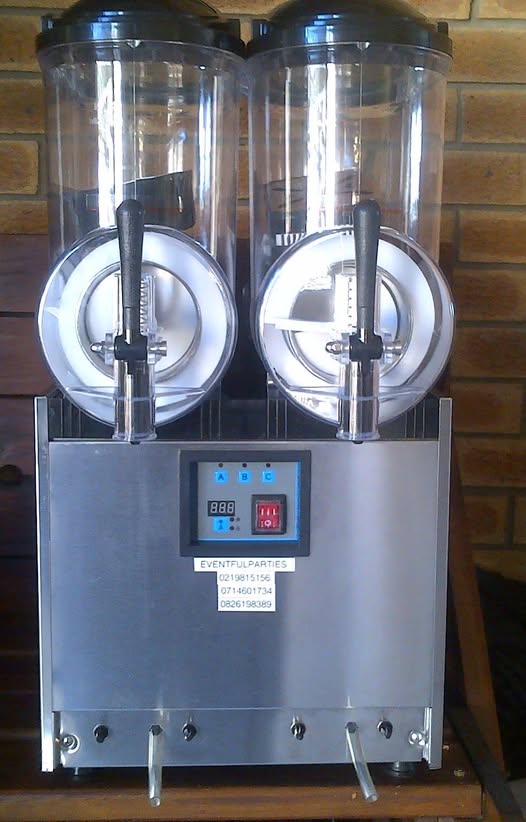 Dual-tank slush puppy machine with flavors display.