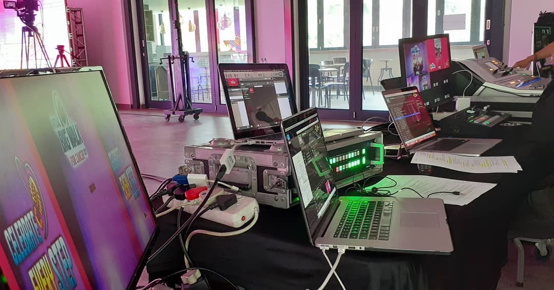 Collection of computers and equipment for event technical support