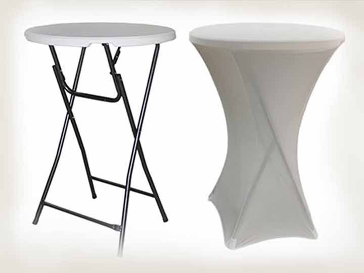 Two styles of folding cocktail tables, one metal and one with white cover.