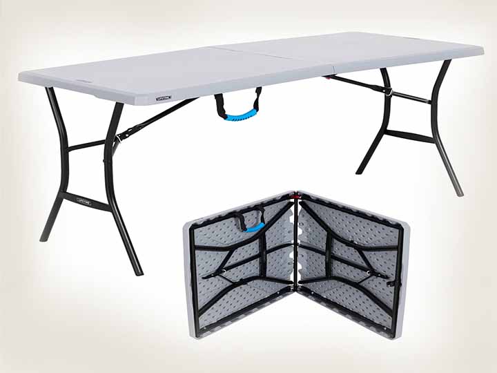 Foldable table with white top and black frame