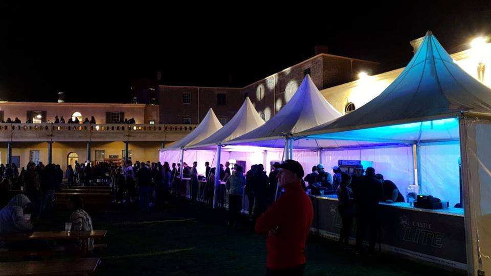 Outdoor event tents with lighting at night