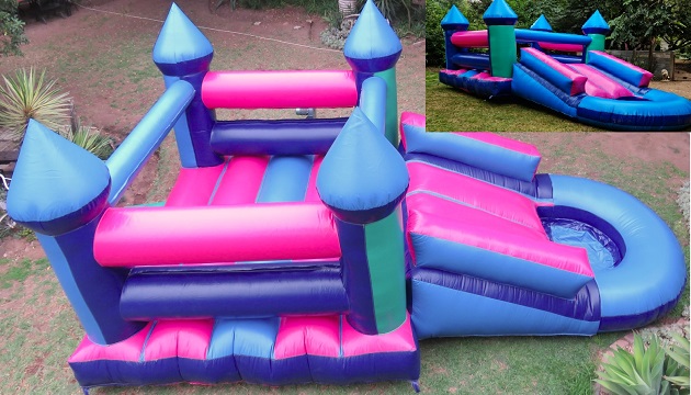 Combo jumping castle with slide in pink and blue