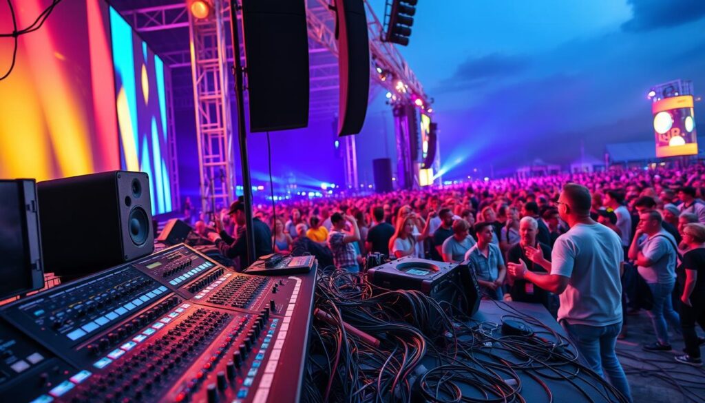 Wide view of an event with LED screens and a sound mixing board