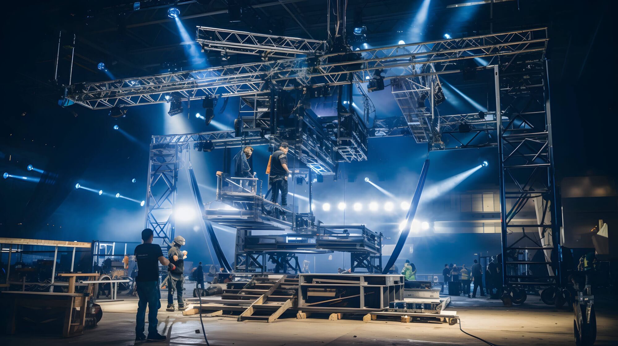 Stage setup featuring scaffolding and lighting for events