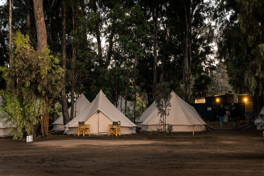 Fully furnished glamping tents in a wooded area
