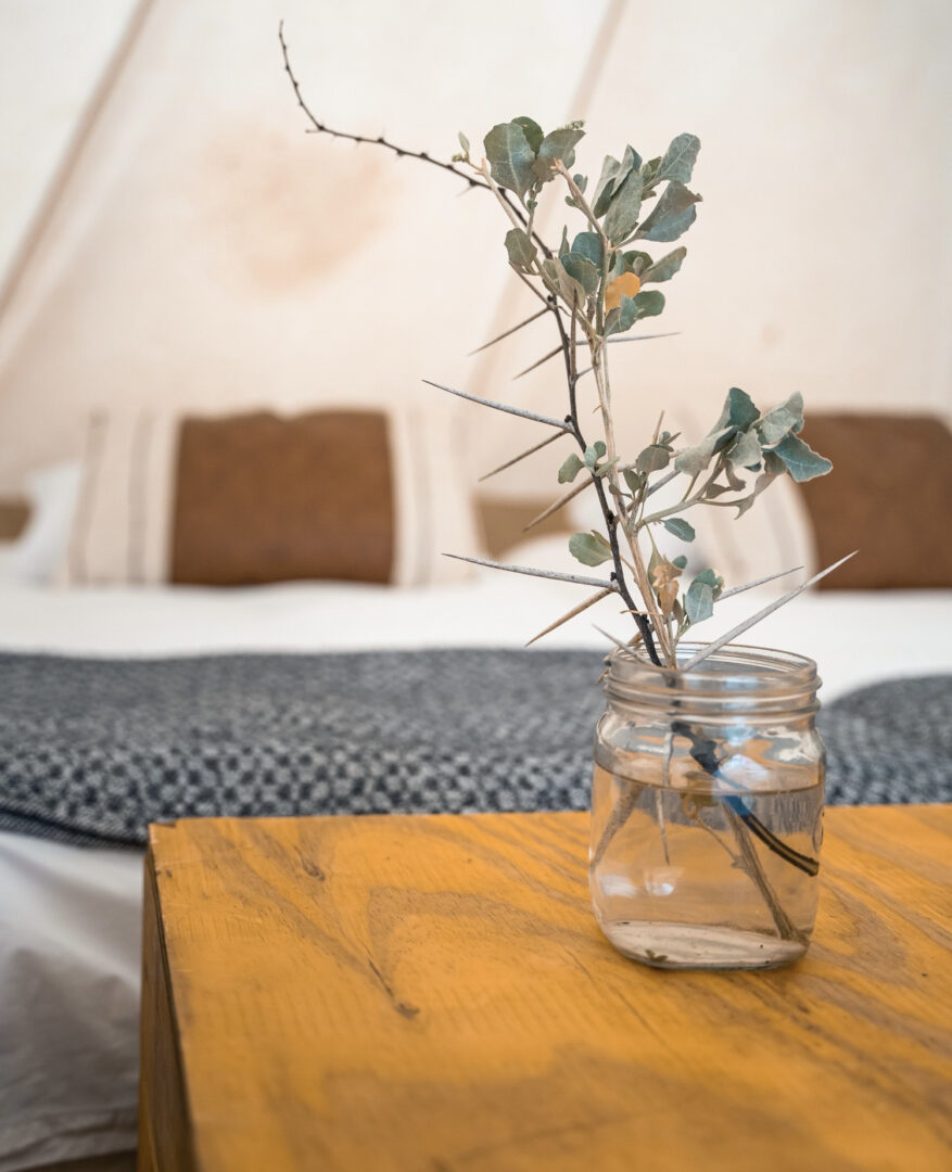 A glass jar with a branch on a wooden table in a glamping tent.
