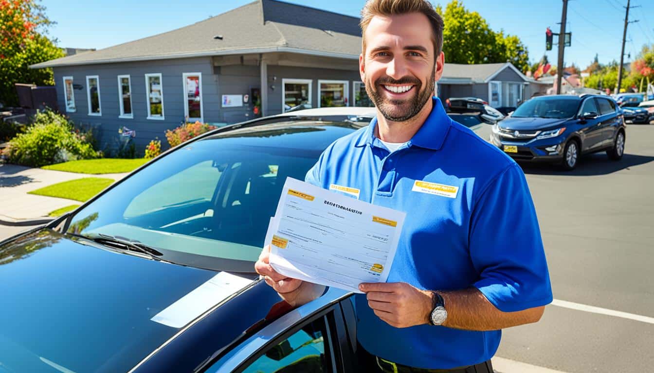 Man in blue shirt holding rental documents near a car.
