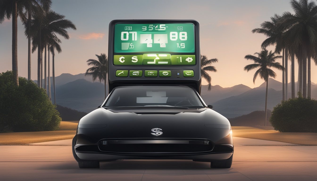 A sleek black car with a digital clock and display