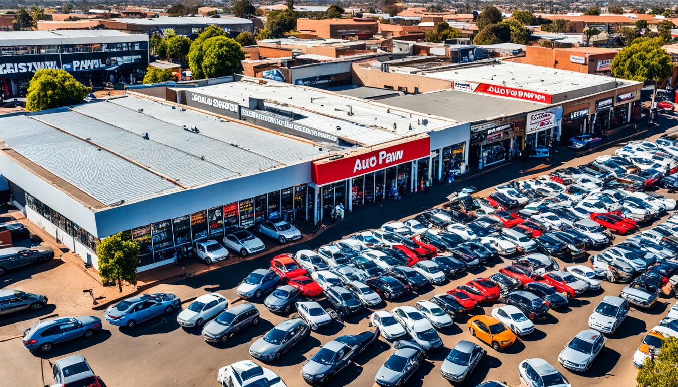 Aerial view of a busy shopping center with many parked cars.