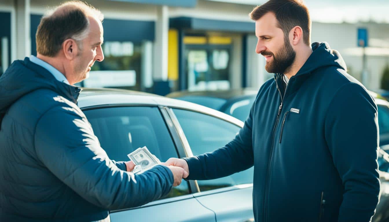 Two men exchanging money by a car