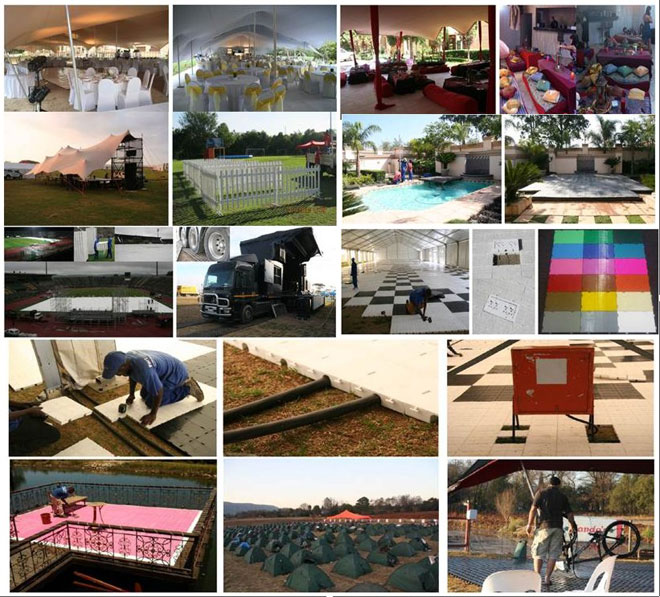 Collage of different event setups and tents