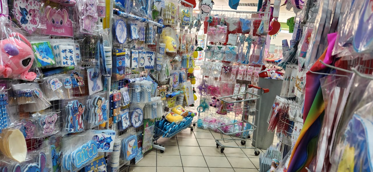 Aisle filled with colorful party supplies and decorations