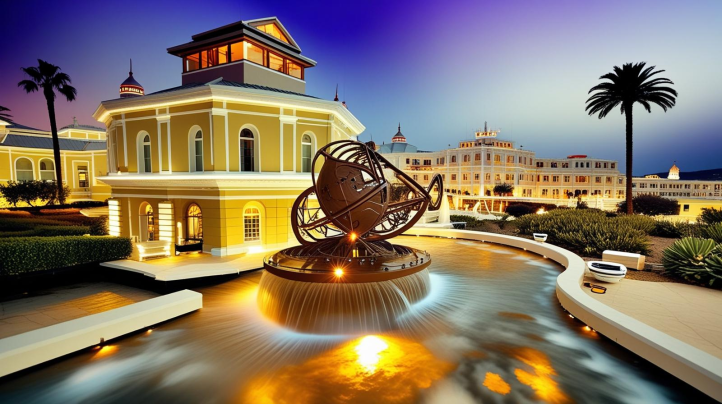 Modern venue architecture with fountain and palm trees at sunset.