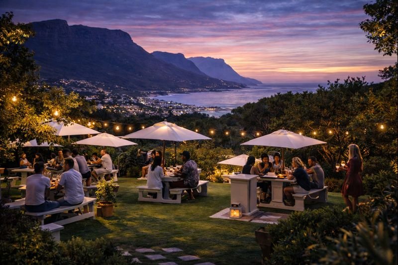 Outdoor gathering with guests under umbrellas at sunset.