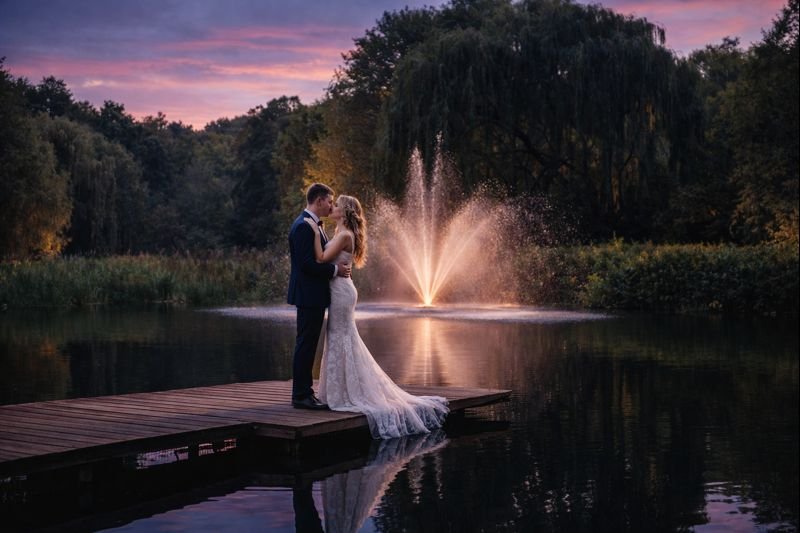 Couple standing on a dock by a lake at sunset