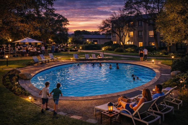 A tranquil pool area with guests enjoying the evening